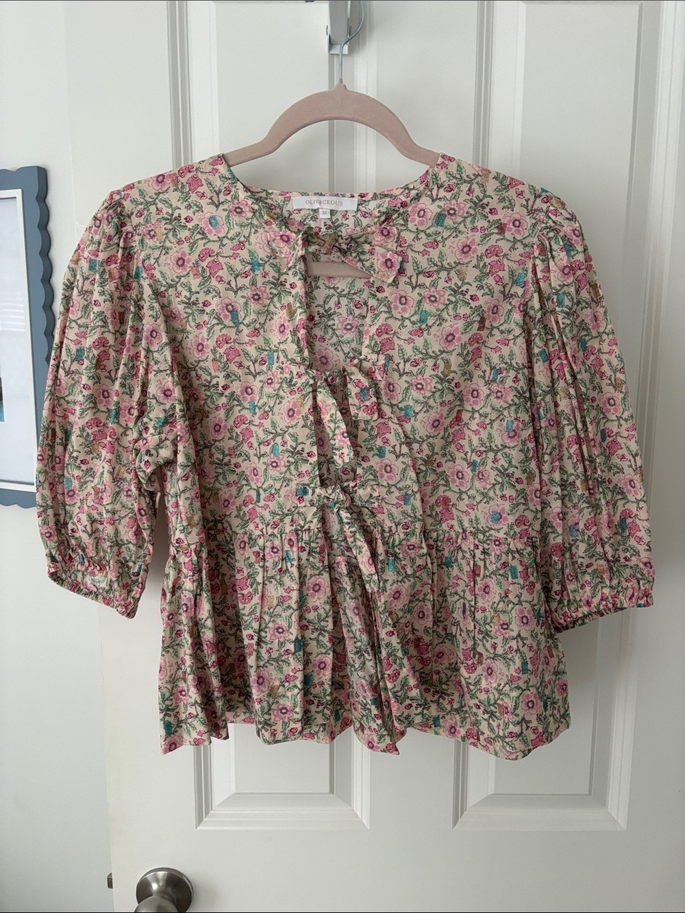Olivaceous Floral Tie-Front Peasant Blouse in Cream, Pink & Green